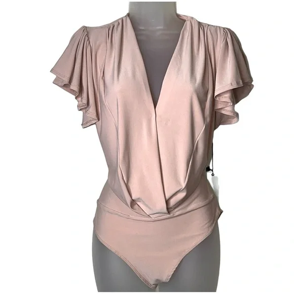 Haute Monde Ruffle Flutter Sleeve Mock Wrap Bodysuit Top Blush Pink Medium Sexy - Picture 7 of 16